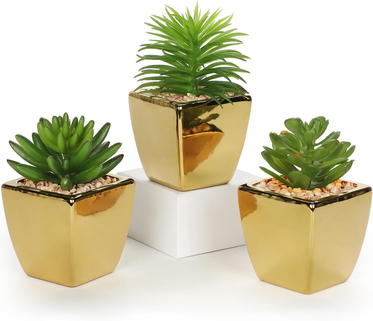 Oairse Artificial Succulents Series Fake Plants Succulents Succulents in Gold Ceramic Pot Set of 3 Faux Succulents - ShopVlot