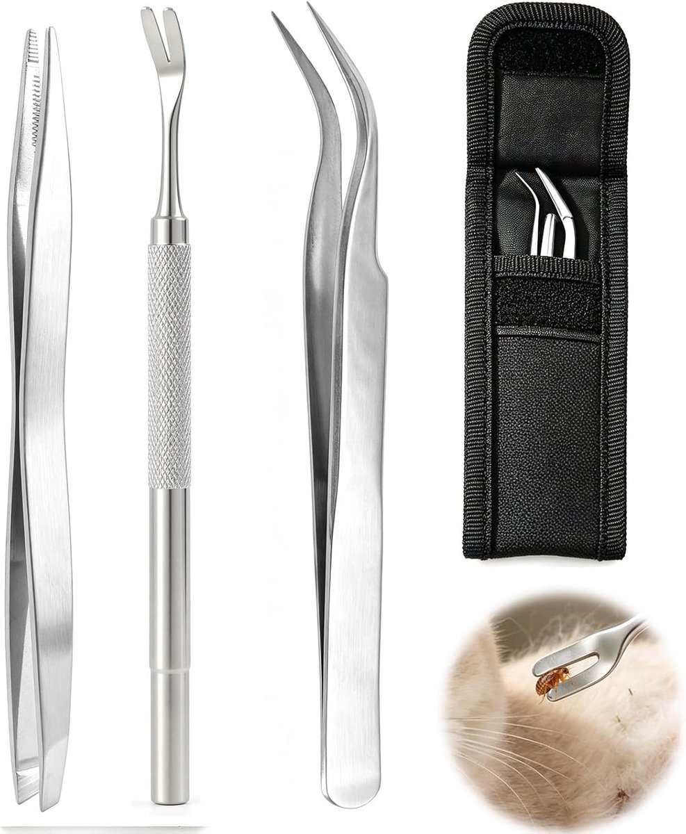 3 stuks roestvrijstalen tekenverwijderingsset, opbergtas, tekentangset, tekenpincet, mens voor hond, kat en mens - ShopVlot
