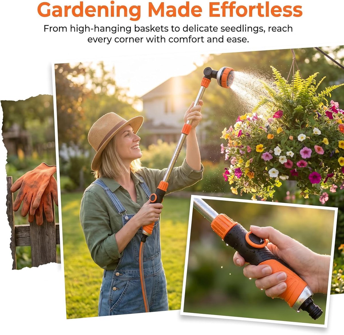 Gietstaaf lang 47 cm, robuuste handdouche tuin met 180° draaibare kop en 8 sproeipatronen, tuinsproeier voor tuin - ShopVlot