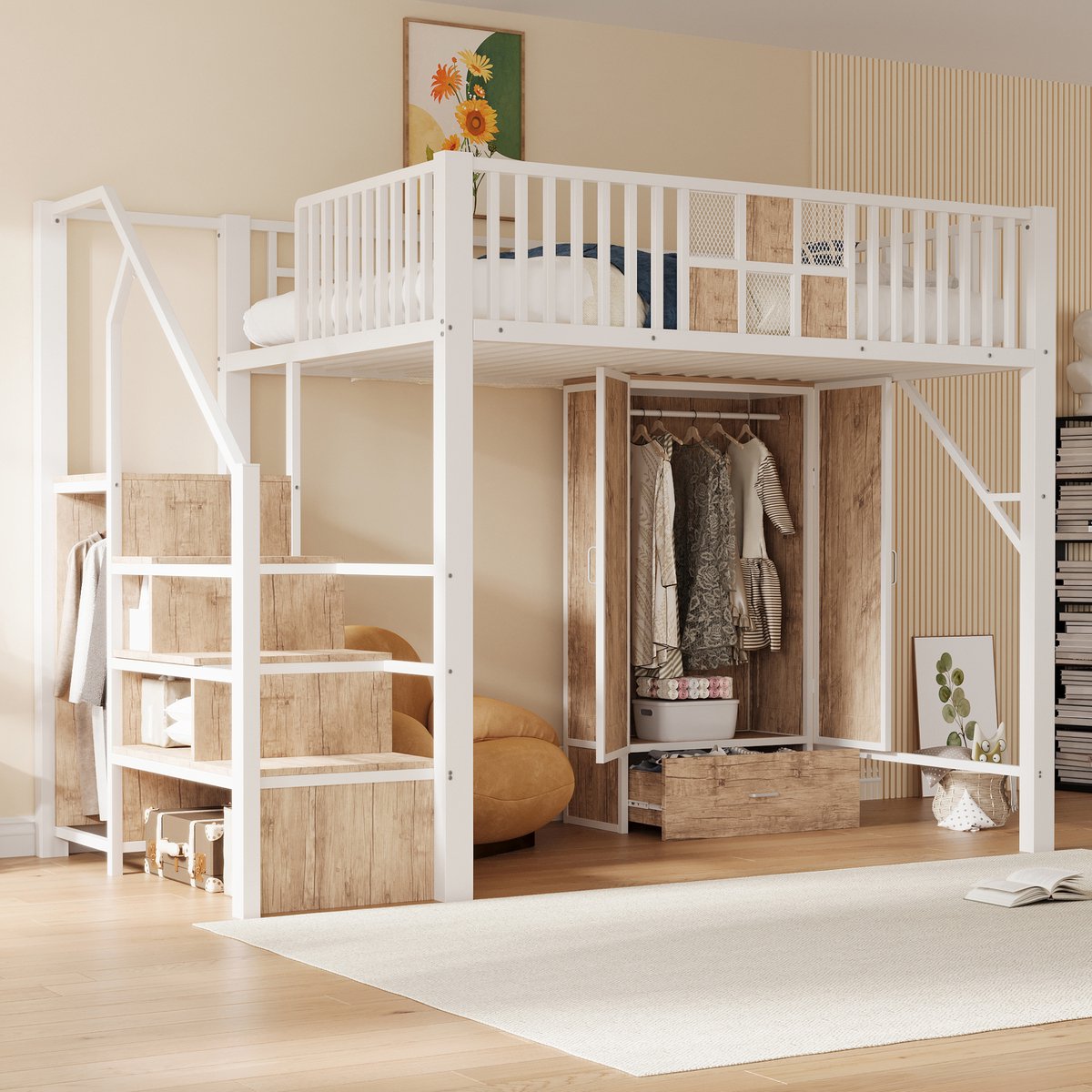 Hoogslaper - 140 x 200 cm - 2-persoons - met kledingkast - met opbergruimte - met ladder - Wit