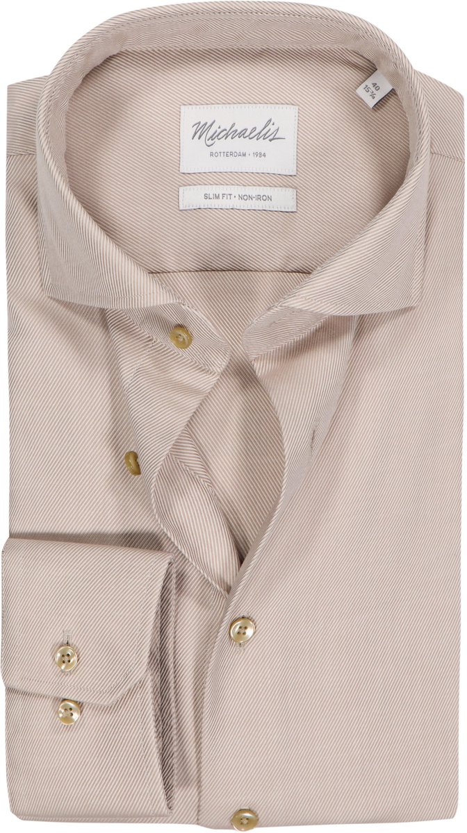 Michaelis slim fit heren overhemd - twill - beige - Strijkvrij - Boordmaat: 38 (EU maat: S)