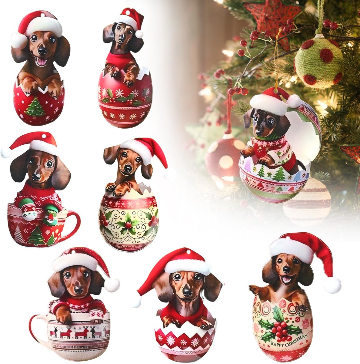 Zidoley 8-delige teckel kerstboomversiering, schattige teckel kersthangers, kerstversiering (Dachshund) - ShopVlot