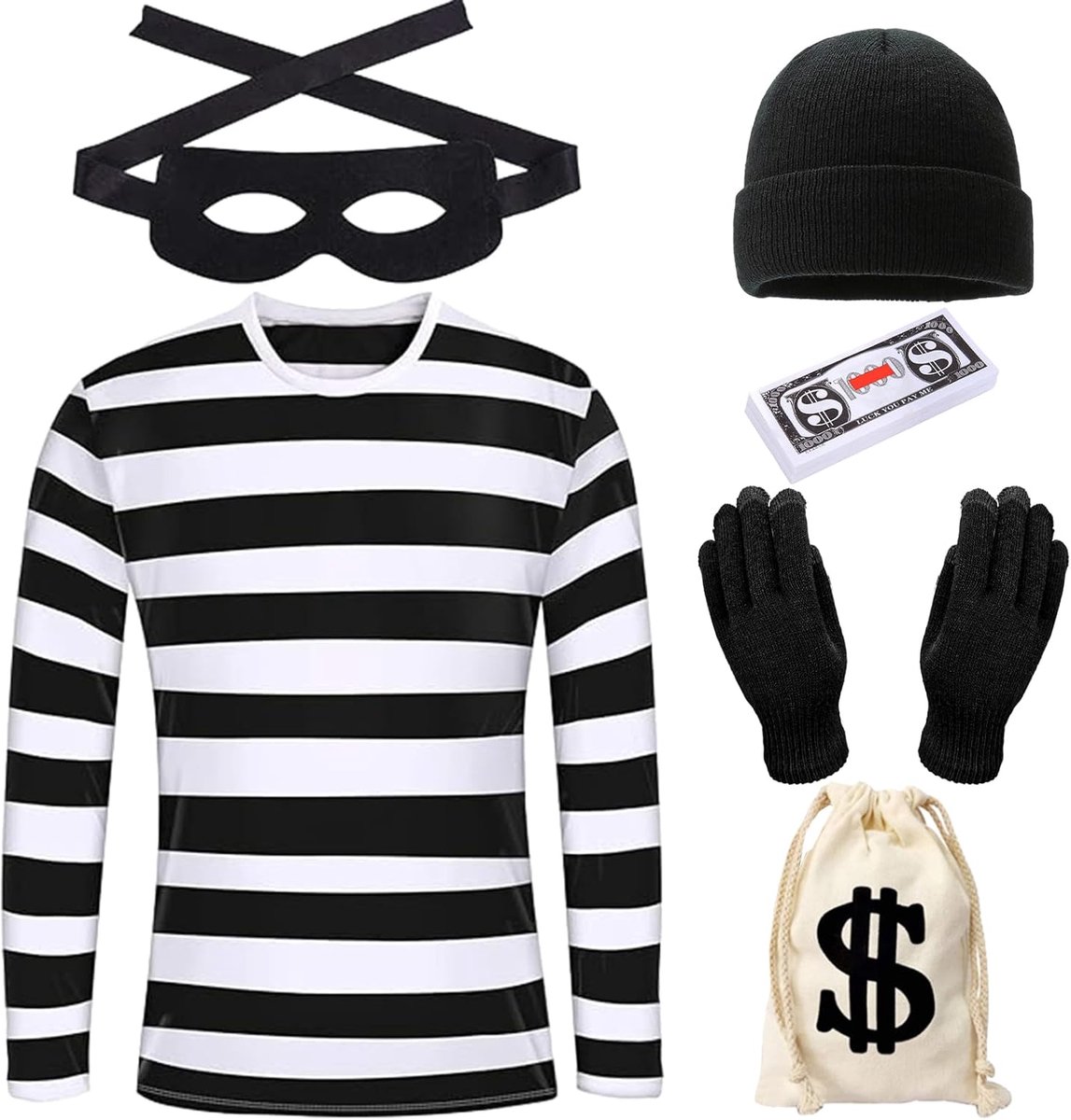 Robber costume for men and women, bank robber costume with hat, gloves, mask, bag, black, white, banknotes, thief - ShopVlot