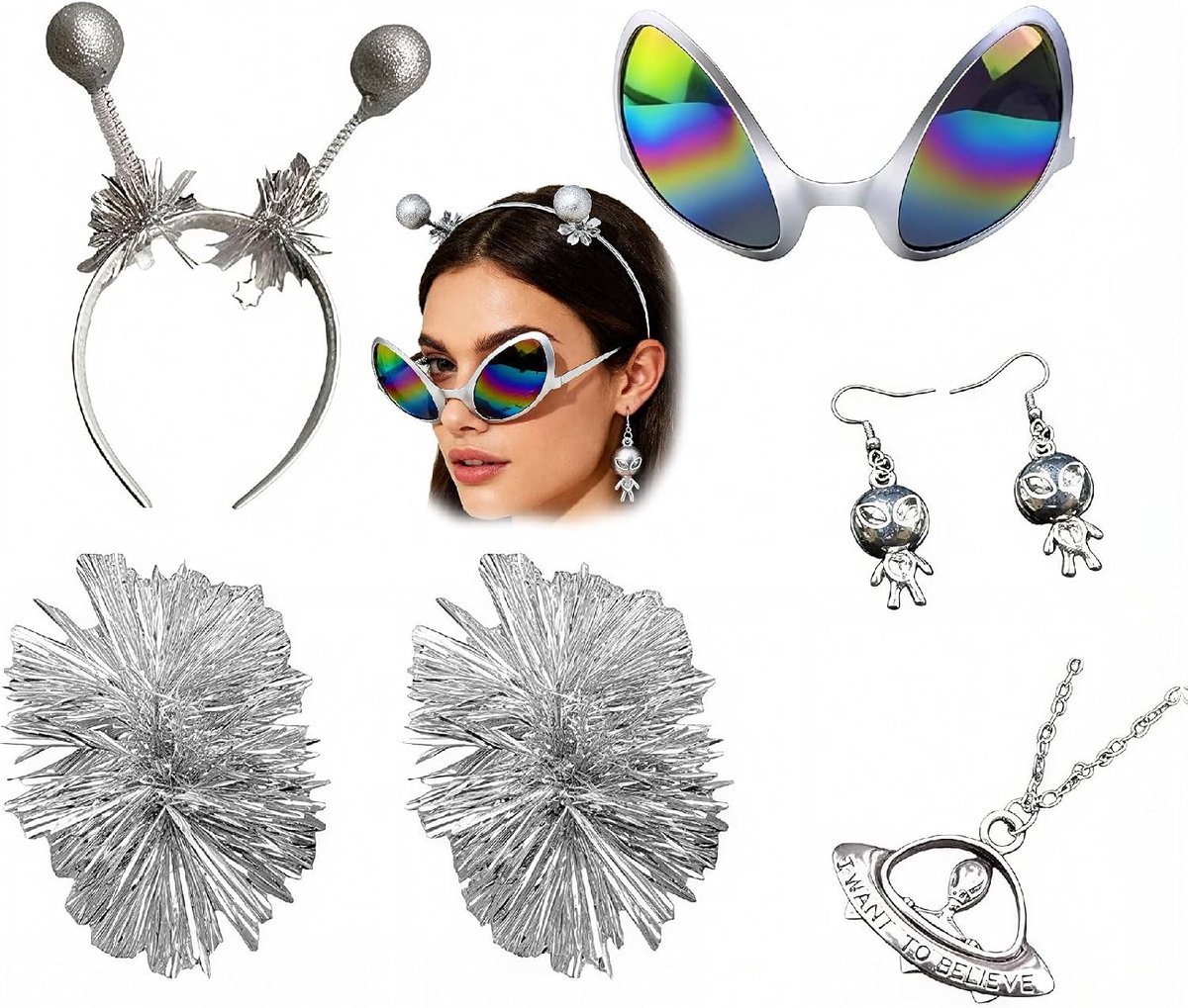 Alien Costume Set 5-piece – Alien Accessories for Parties, Theme Events and Cosplay – Silver - ShopVlot