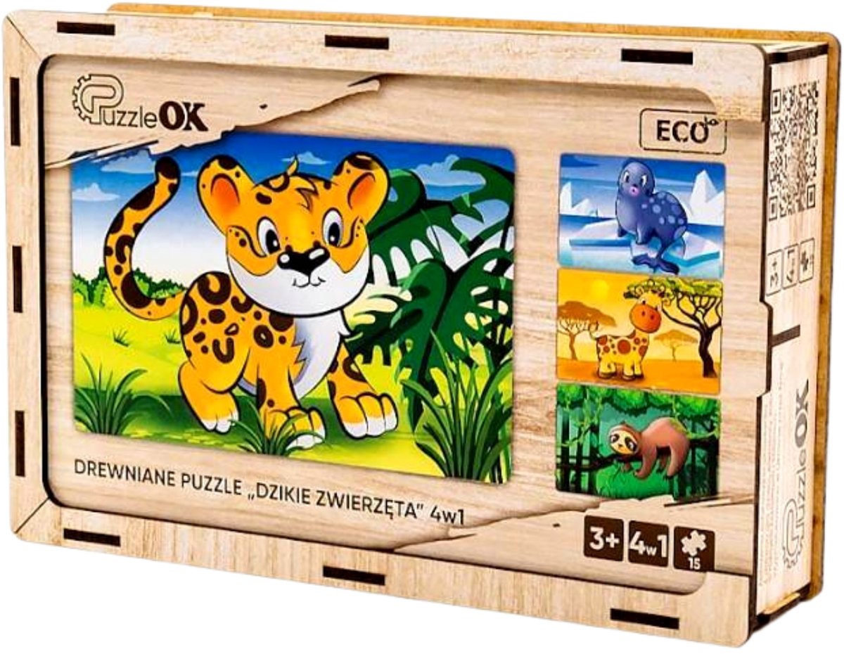 Houten puzzel 4-in-1 Wilde Dieren - Giraf & Luiaard, 80 stukjes