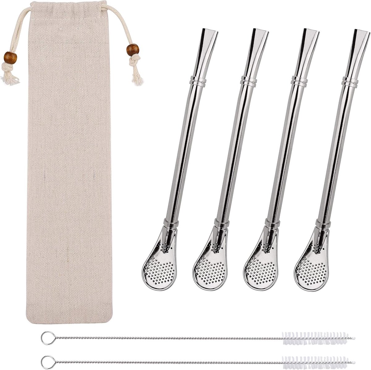 RVS rietjes - Lepelset - 4 stuks - Herbruikbare rietjeslepels - Rietjes met lepels - Incl 2 schoonmaakborstels en bewaarzak - Smoothie Rietjes en Lepels - Drinkroerlepels - Voor Milkshakes, Cocktails en Slush Puppies - Zilver
