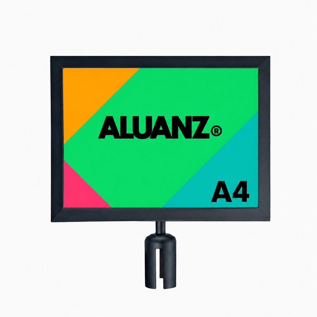 A4 Posterframe Landschap / Liggend voor Afzetpaal met Uittreklint | Infobord / Insteekframe | Zwart Staal | Plexiglas