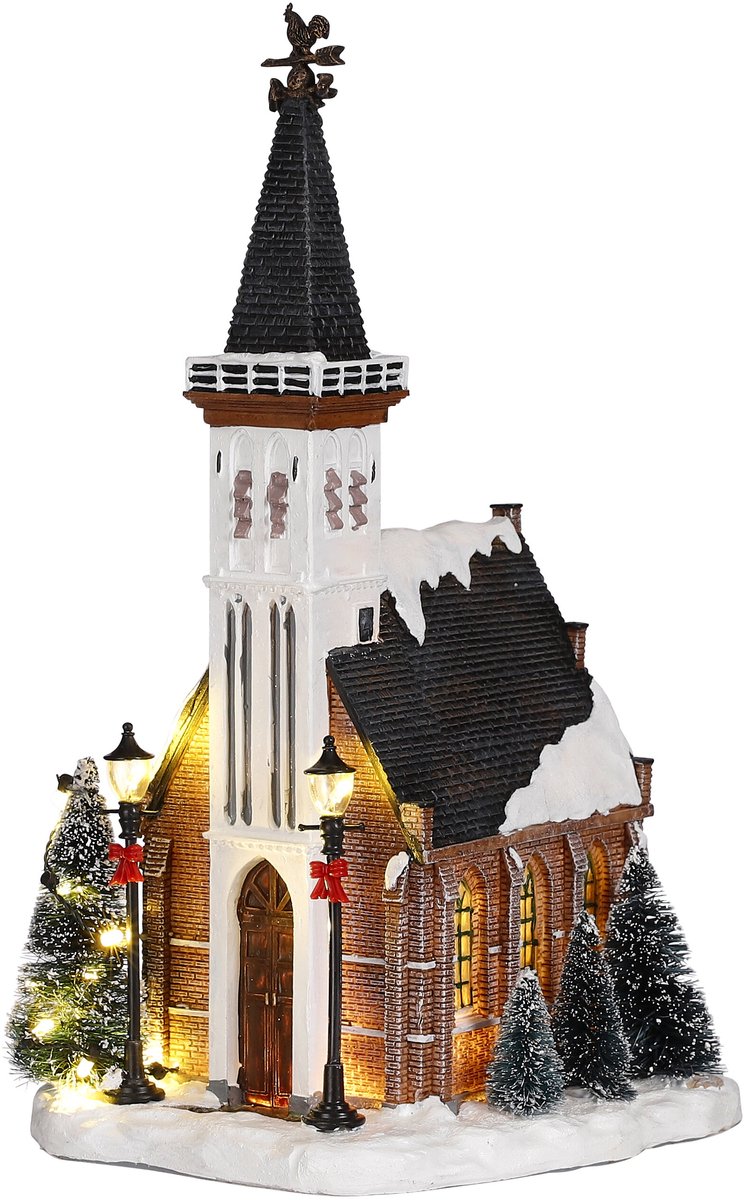 Luville Kerstdorp Miniatuur Kerk - Kerstversiering met Warme Verlichting en Besneeuwde Bomen - Kerst Decoratie voor Binnen op Batterijen - L15 x B16,5 x H31 cm - Meerkleurig