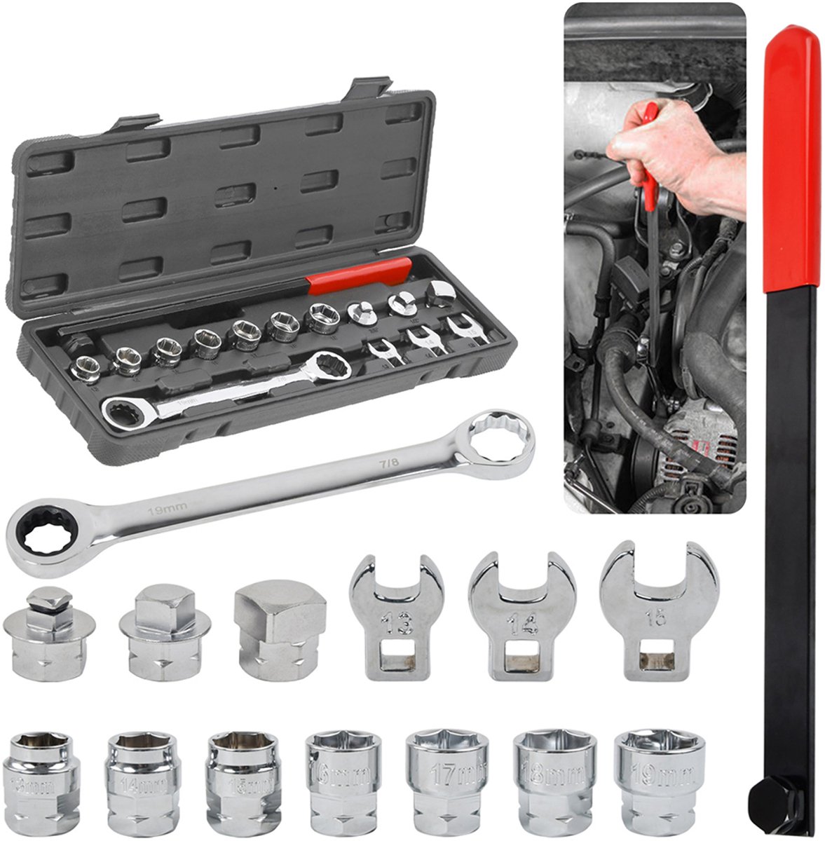 15-delige multiriemgereedschapset - Spansleutel voor auto-spanriemen - Gereedschap voor het bevestigen van riemspanners - Verstelbare verlengstang - Aluminium