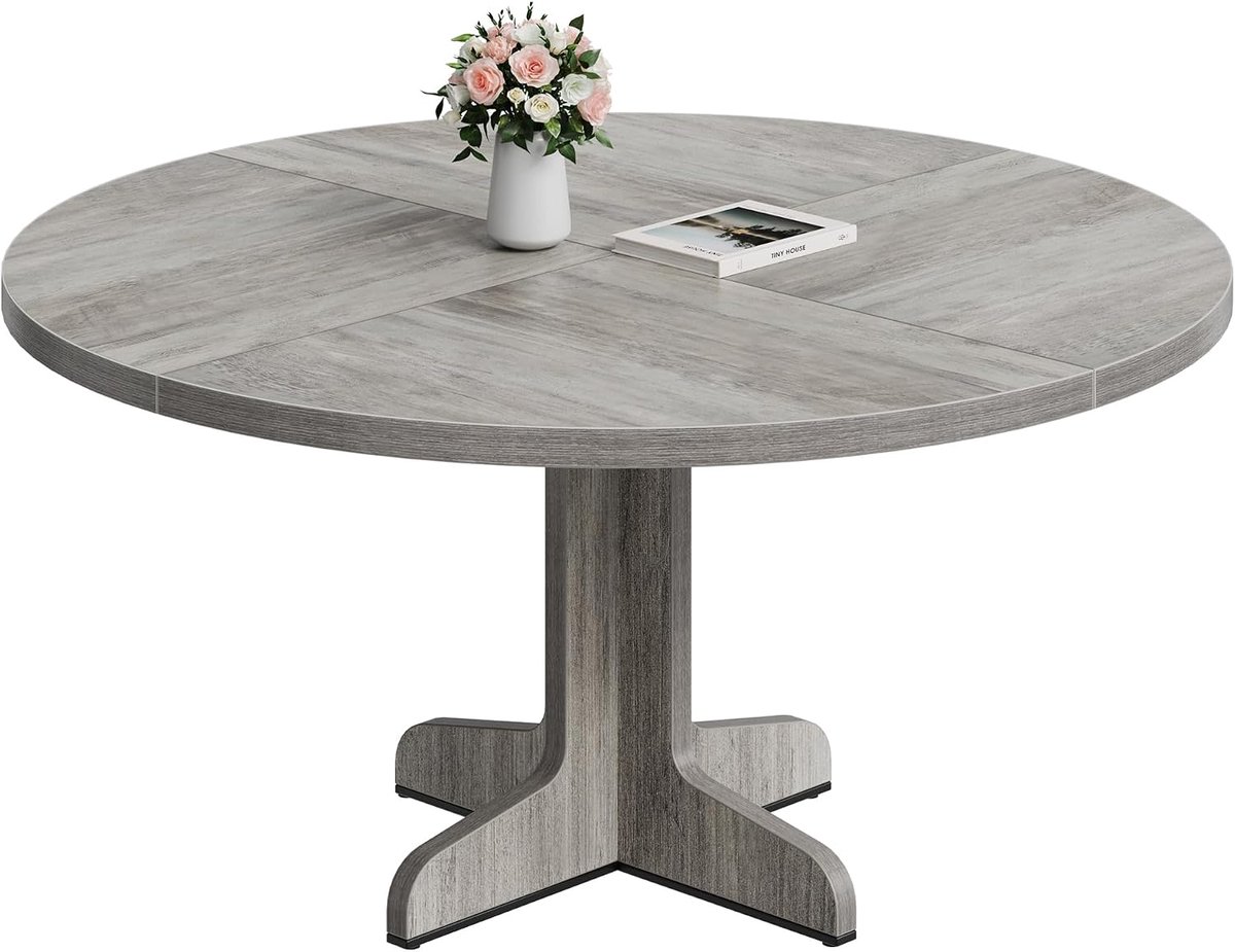Landhuis stijl ronde eettafel 120 cm voor 4 personen – walnoot afwerking houten blad, gebogen voetonderstel – rustieke ronde tafel voor keuken en eetkamer