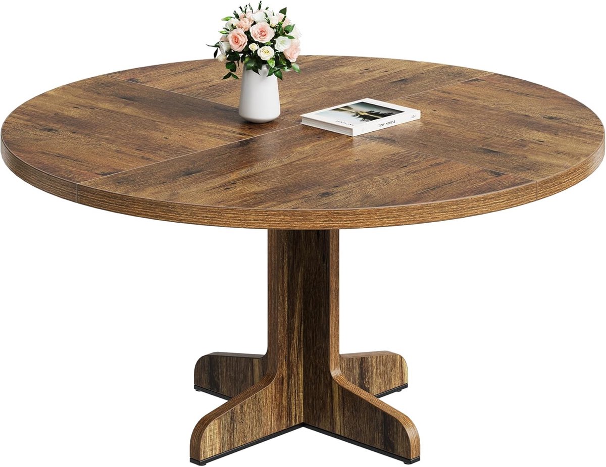 Landhuis stijl ronde eettafel 120 cm voor 4 personen – walnoot afwerking houten blad, gebogen voetonderstel – rustieke ronde tafel voor keuken en eetkamer
