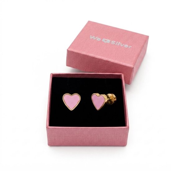 Roze hartjes oorbellen met gouden rand in een roze geschenkdoos van WeLoveSilver.