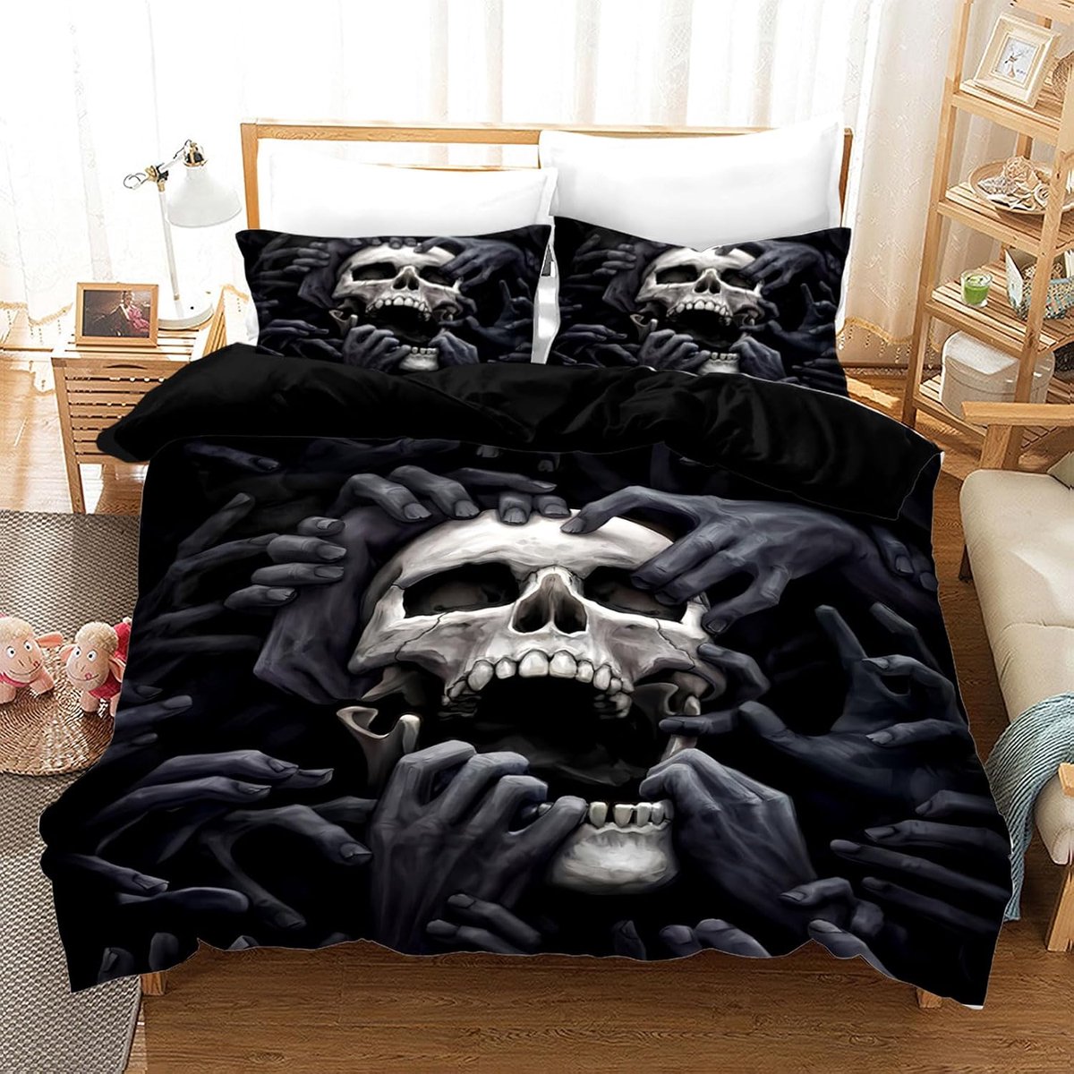 beddengoedset met doodshoofd, zwart, gothic, print, beddengoedset, microvezel, schedel, dekbedovertrekset met ritssluiting (A, 220 x 240 cm)