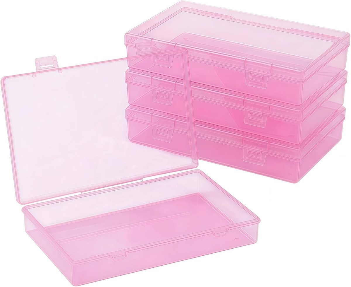 4 Stuks Plastic Opbergdozen met Deksel (18x11x3 cm) – Transparant Roze Sorteerdozen voor Sieraden, Kralen & Gereedschap, Rechthoekige Mini Containers Organizer