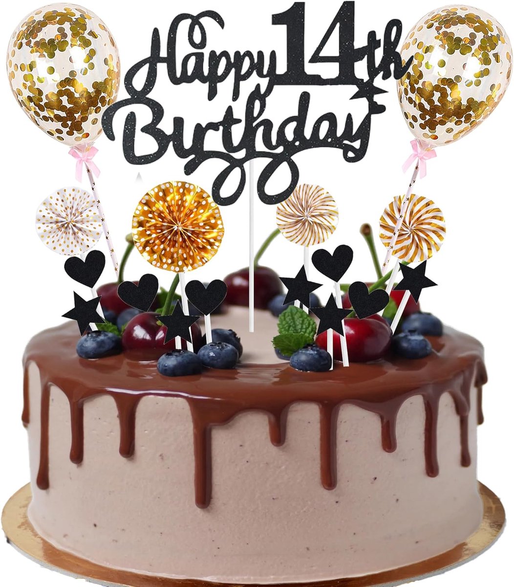 Hello 14 Cake Topper Zwart Goud Met Hart Ster Ballon Voor 14e Verjaardag Jongen Meisje Happy 14th Birthday