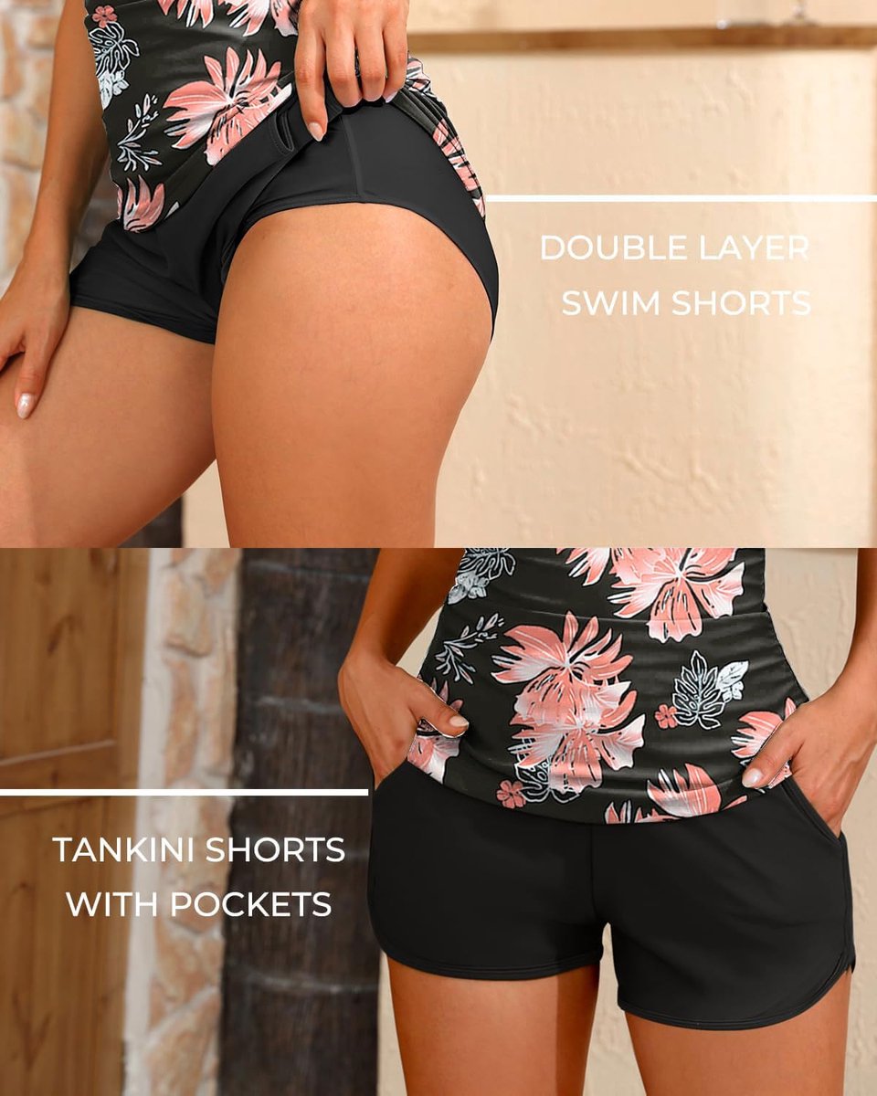2-delig badpak voor dames, tankini, shorty, met zakken, elegant, V-hals, bikini, bovenstuk, bikini, hoge taille, afslankend, tankini