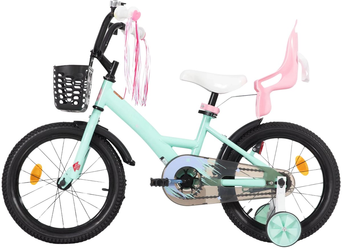 Kinderfiets – Voor meisjes 3–10 jaar – Met zijwieltjes, streamers, mand en poppenzitje – Green-20 Inch