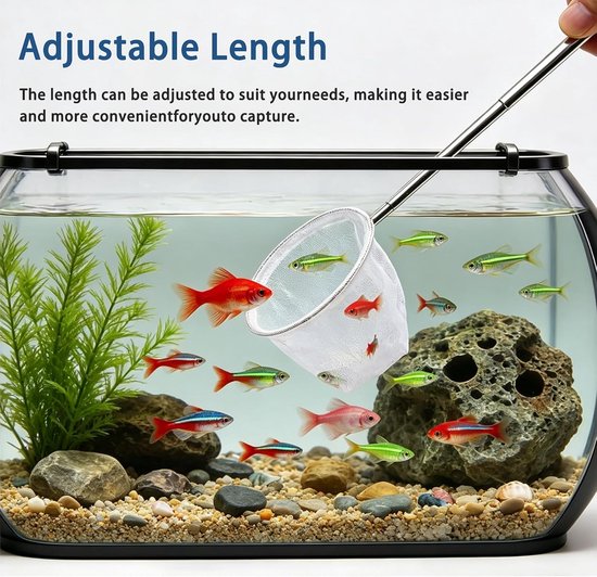 4 stuks visnetten voor aquarium, mini-visnet voor aquarium, klein visnet met uittrekbare handgreep, rond en vierkant, voor kleine vissen en garnalen, aquaria (verstelbaar 13-40 cm) — afbeelding 3