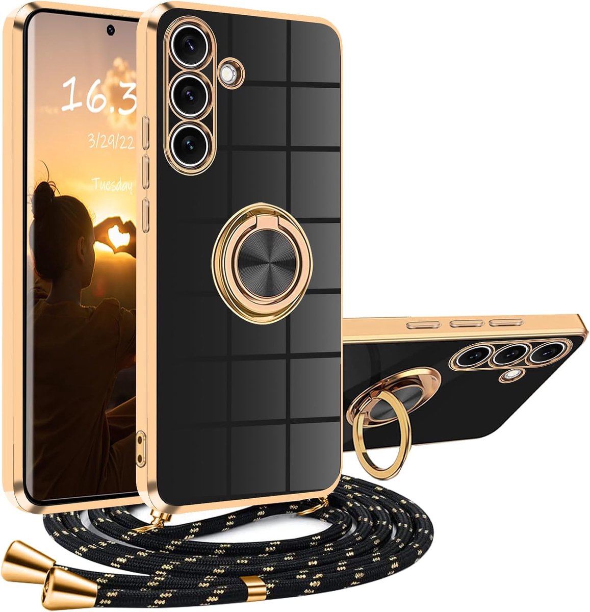 Beschermhoesje voor Samsung Galaxy S25 5G, met koord, beschermhoes S25 5G, Samsung met schouderriem, stootvaste beschermhoes 360° metalen ring, kickstand, Litetetiv auto, cover voor Samsung Galaxy S25