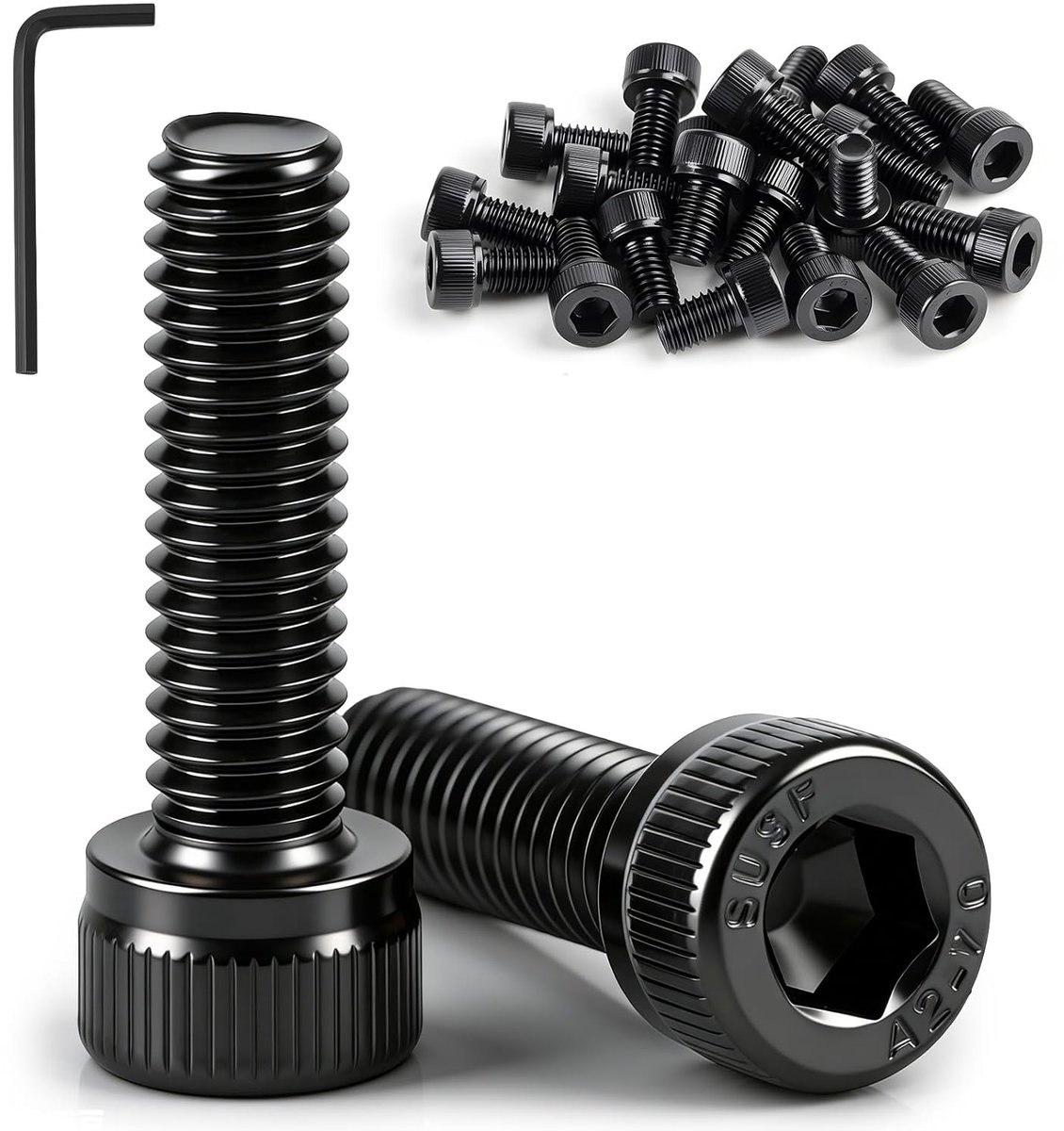 x 16 mm cilinderbouten met binnenzeskant, zwart, roestvrij staal, A2 V2A cilinderkopschroeven, DIN 912 schroeven, volledige schroefdraad met moersleutel voor automobielmachines en