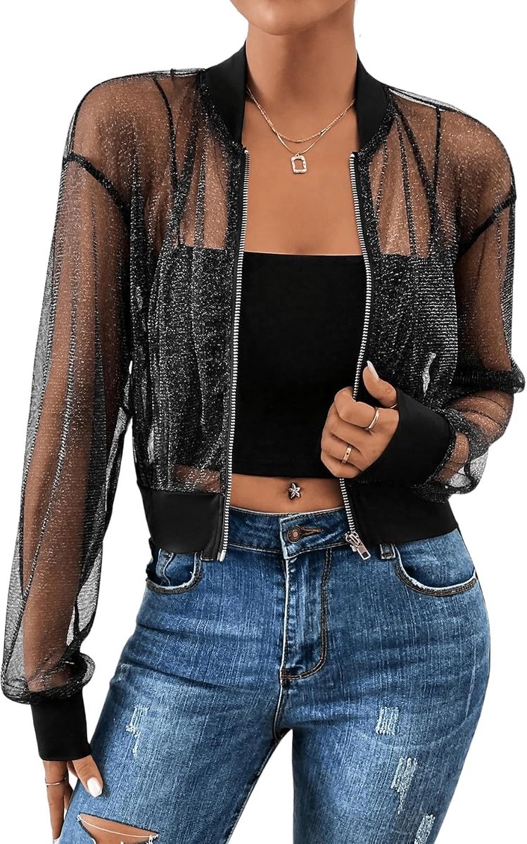 Mesh damesjas, transparante jas met ritssluiting, doorzichtige netstof, lichte jas, glitter
