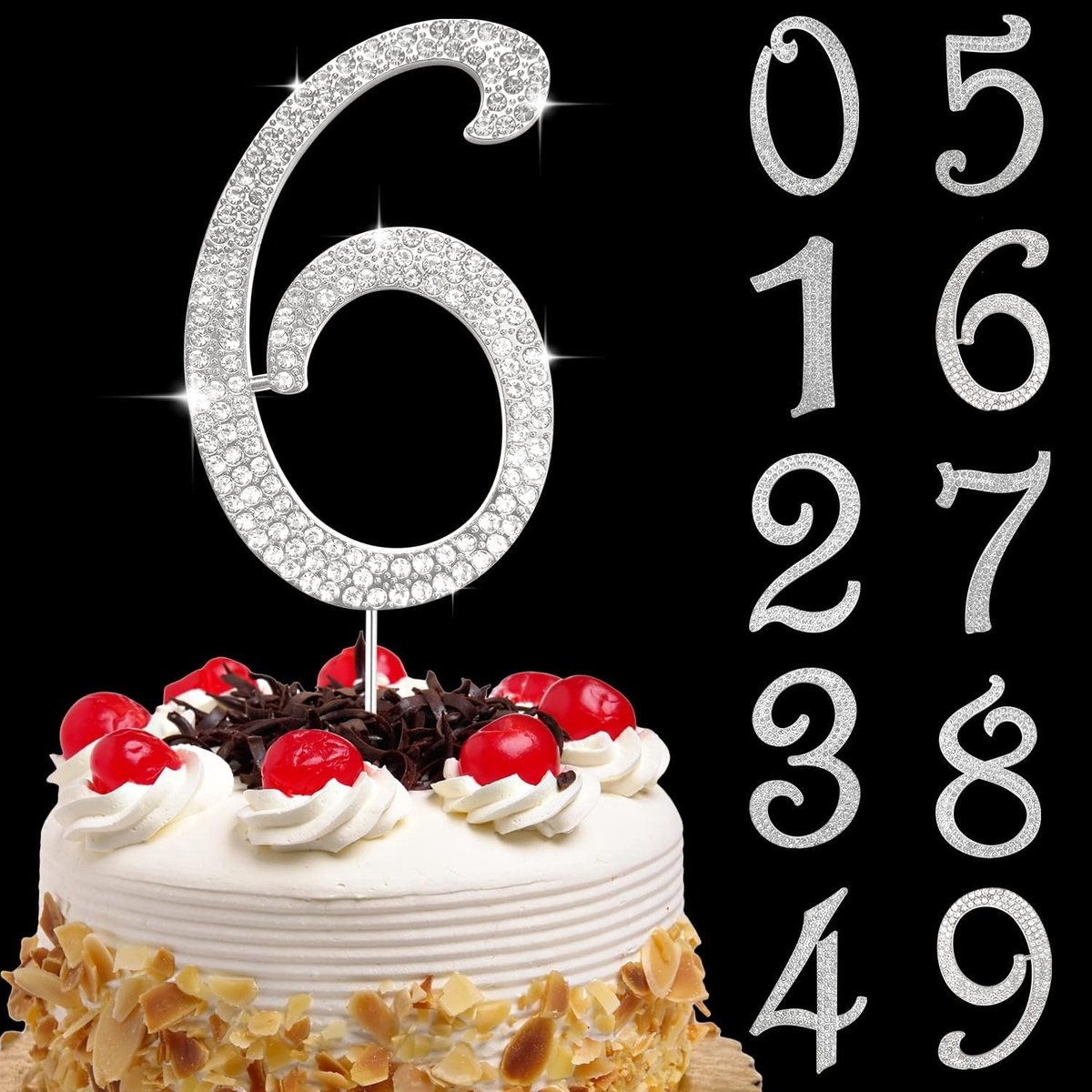 Decoratie voor verjaardagstaart, cijfer 6, strass, glitter, cupcake-toppers, 6 cijfers, zilveren taartdecoratie, cake topper 6 cijfer, voor feestjes, verjaardagen, babyshowers, huwelijksverjaardag (G)