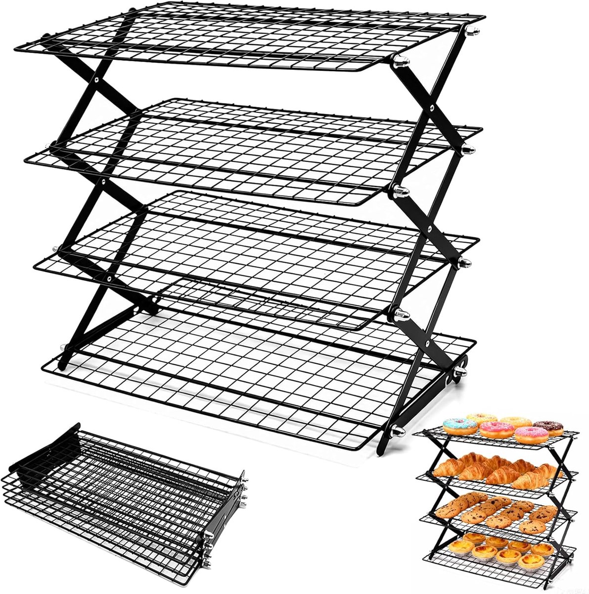 4 verdiepingen, stapelbaar, 3 hoogteverstellingen, 43 x 24,5 cm, anti-aanbaklaag, opvouwbaar uitkoelrooster, vierkant voor bakken, koelen van gebak, gadgets voor het bakken van