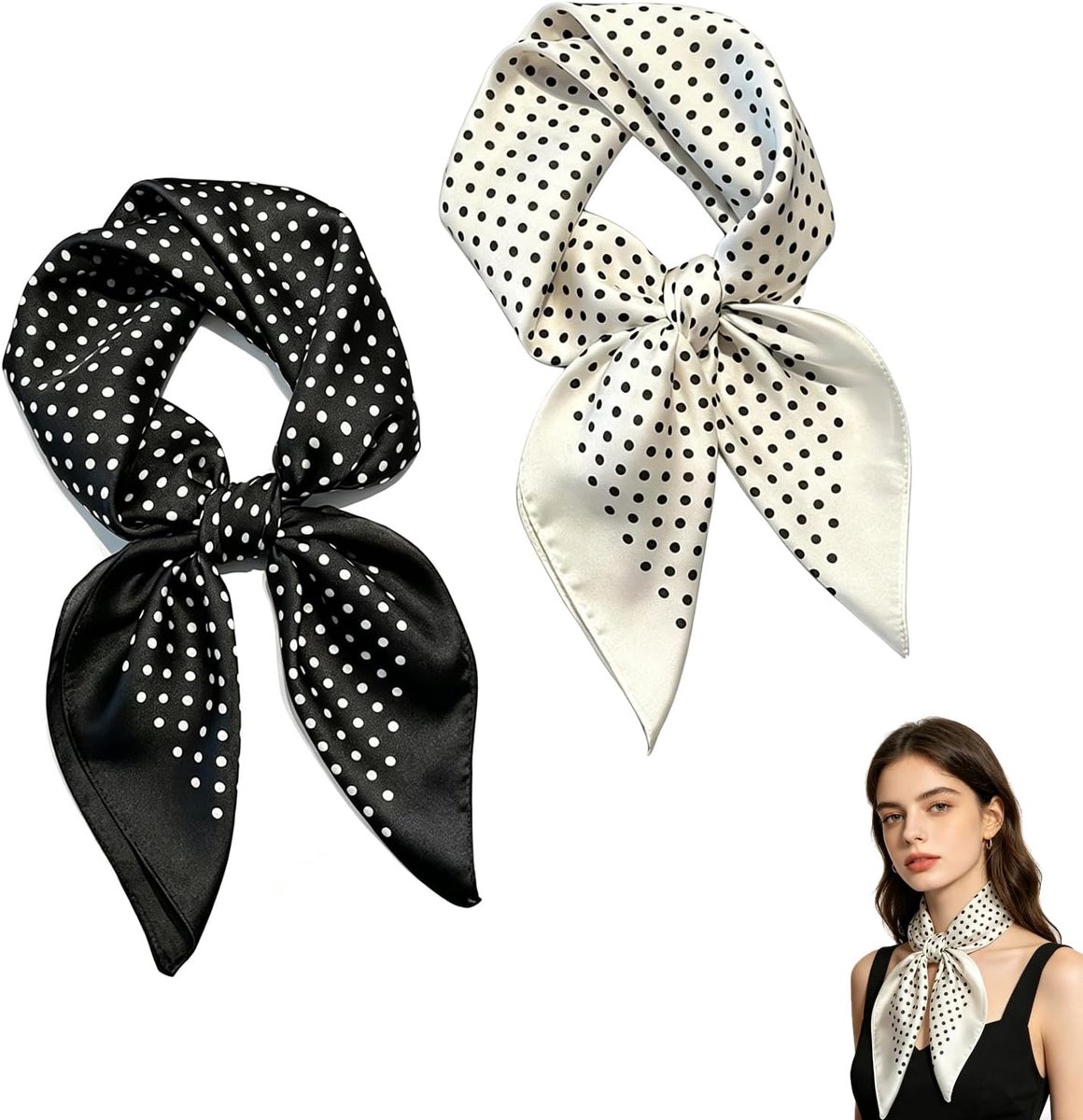 Halsdoeken voor dames, zwart en wit stippen, zijden doek, zachte halsdoeken voor dames, bandana, hoofddoek voor dagelijks gebruik, reizen en cadeau, 70 x 70 cm