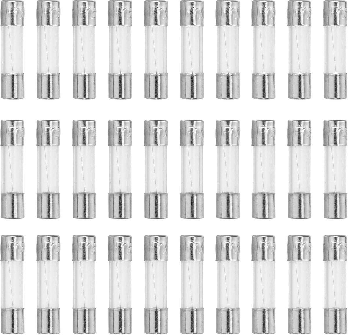 30 stuks fijne zekeringen 1,5 A 5 x 20 mm snelslag voor auto | Glas en metaal, zilver en transparant, spanning: 250 V, goede geleiding, overstroombeveiliging