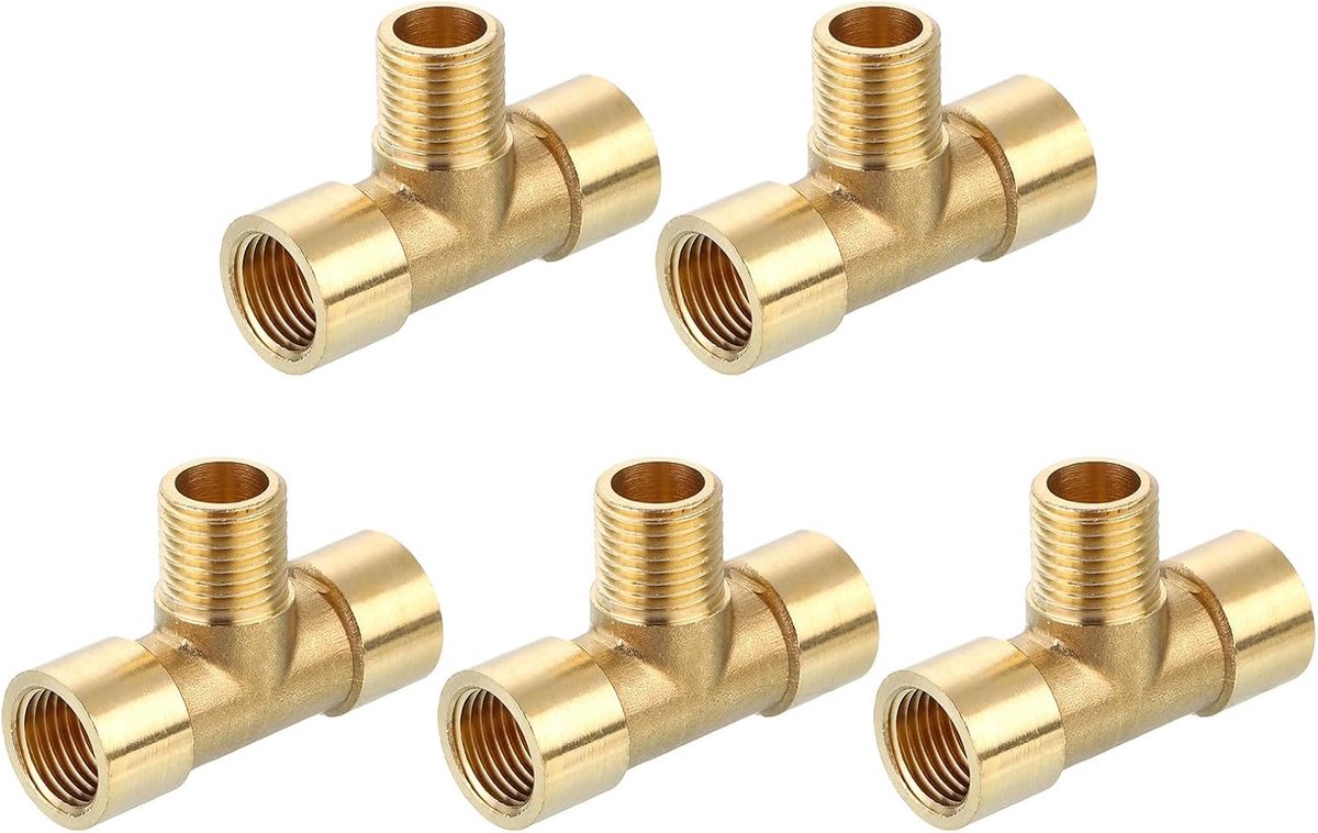 T-stuk van messing, 1/4 inch x 1/4 inch x 1/4 inch NPT 3-weg koppeling T-stuk adapter voor gastransport, 5 stuks