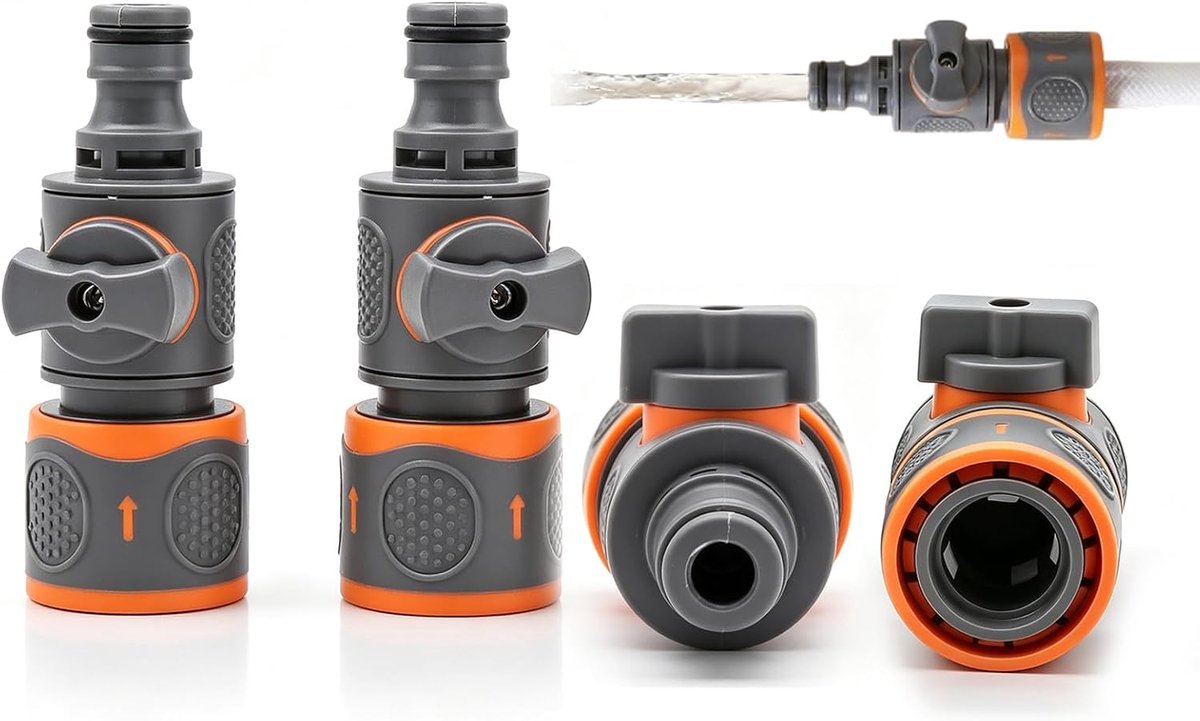 Set van 4 tuinslangkoppelingen 1/2 inch, aansluiting met regel- en stopventiel, compatibel met Gardena, voor regeling van de waterstroom