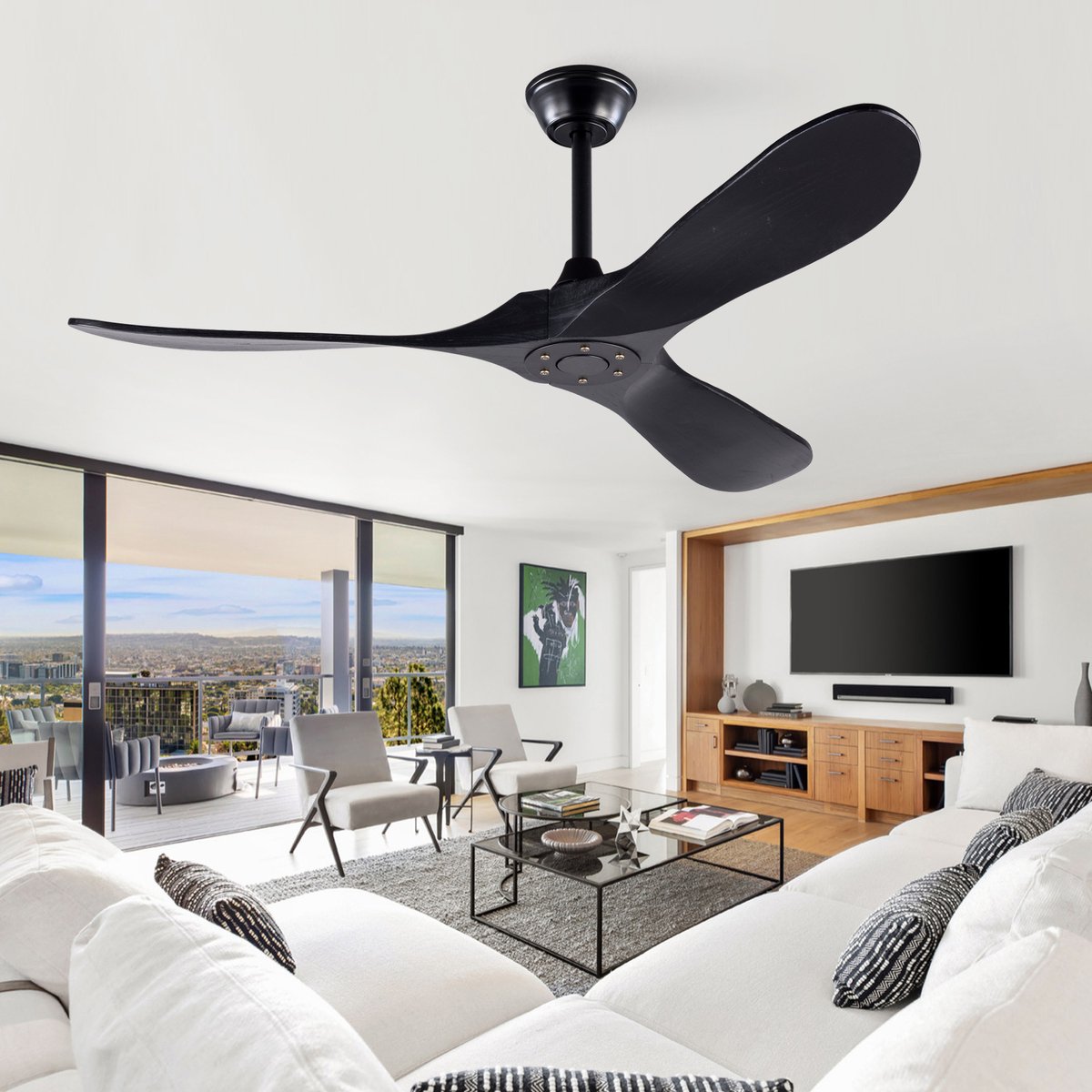 Moderne plafondventilator 52 inch zwart - 6 snelheden met omkeerbare draairichting - met afstandsbediening - snelheidsgeheugen - 3 massief houten bladen - zonder verlichting
