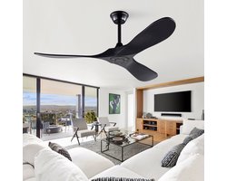Moderne plafondventilator 52 inch zwart - 6 snelheden met omkeerbare draairichting - met afstandsbediening - snelheidsgeheugen - 3 massief houten bladen - zonder verlichting