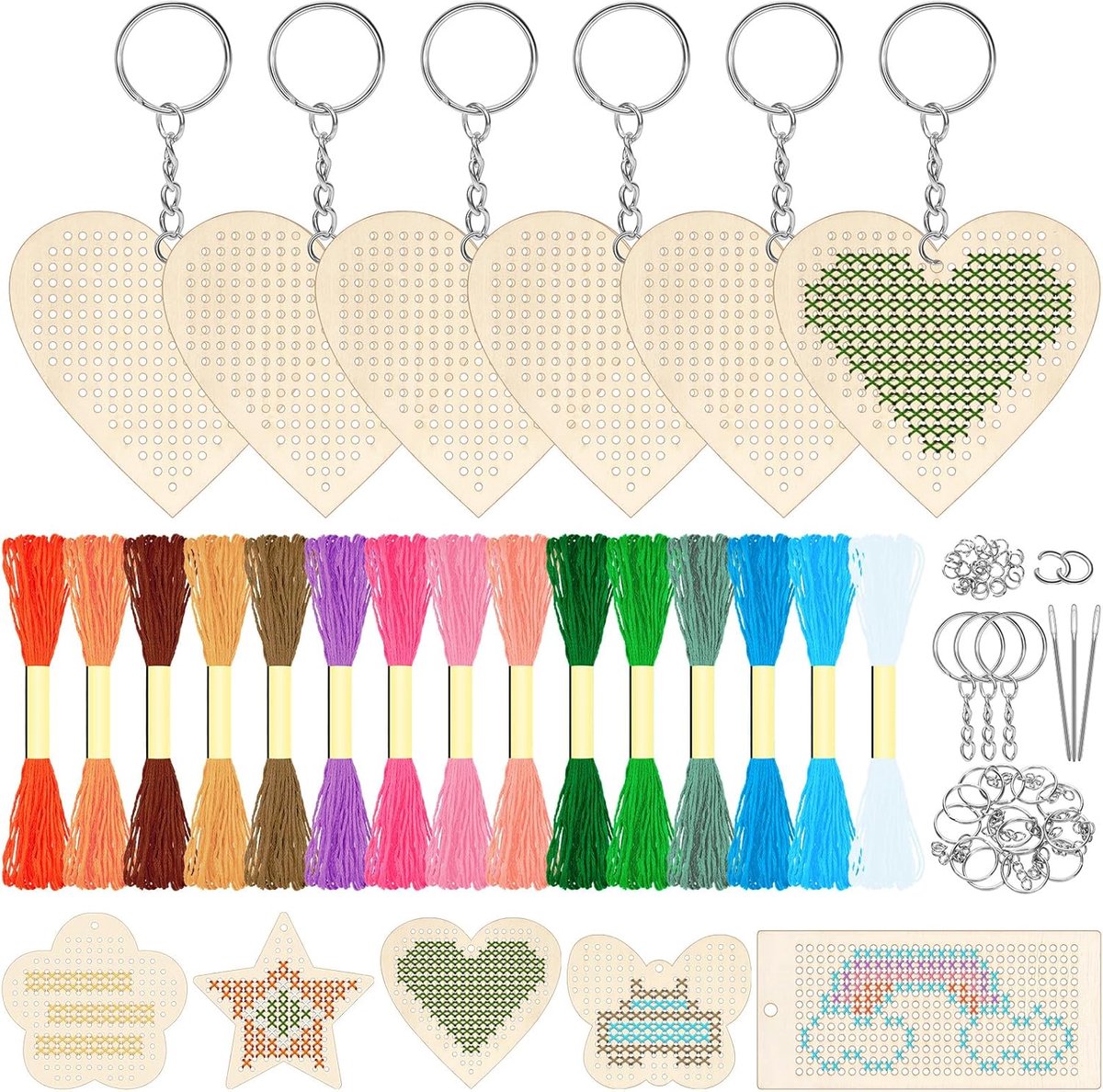 64 stuks houten kruissteekkit met hart, houten kruissteek sleutelhangers, knutselset voor kruissteek, houten draadsnijsets voor decoratiebenodigdheden, kunsthandwerk