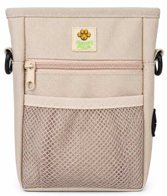 Beige beloningstasje met mesh vak, ritsvak en "Happy Paws" logo.