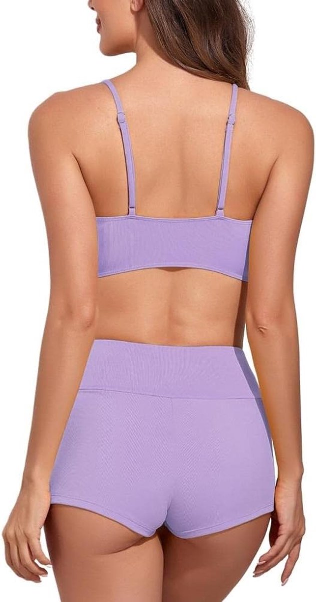 meioro Solid Zwempak voor Vrouwen Bikini Shorts Tie Front Tweedelige Zwemkleding Sportieve Zwempakken Hoge Taille Zwempak