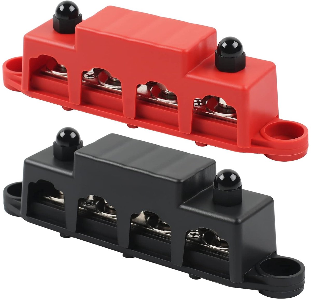 12 V - 48 V busbar stroomverdelingsblok met 4 x M10 klemmennoppen, hoogwaardige module BUSBAR met afdekking voor auto's, campers, schepen jachten (rood en zwart, 2 stuks)