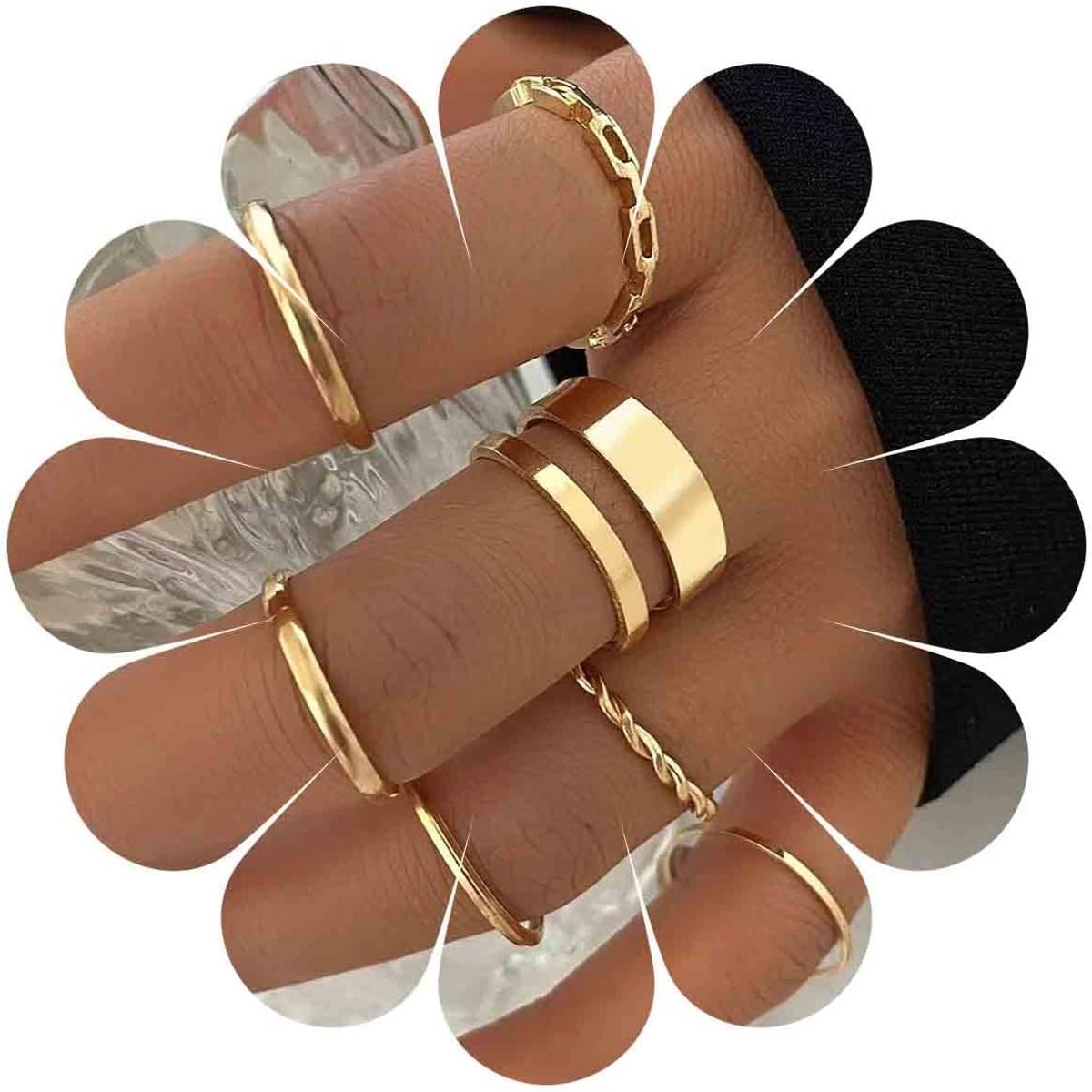 Ringenset voor dames, delicate minimalistische ringenset met ketting en gedraaide patronen, modieuze ringen van verguld roestvrij staal