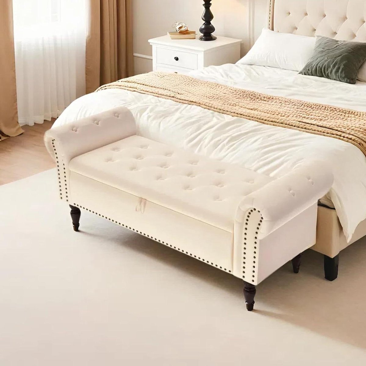 Zitbank met opbergruimte - Opbergbank Poef - Woonkamer Organisatie - Fluwelen afwerking met knopen - 133x53x46 cm - Beige