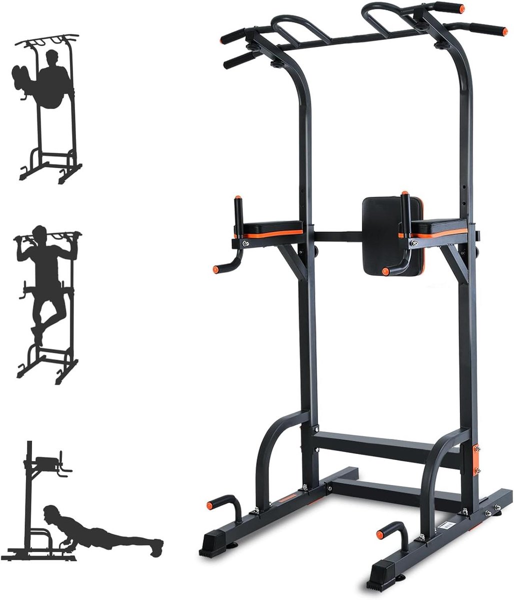 Power Tower - Fitnessstation Krachtstation - Krachtraining Thuis - In 6 Hoogtes Verstelbaar - 192-228 cm - Zwart