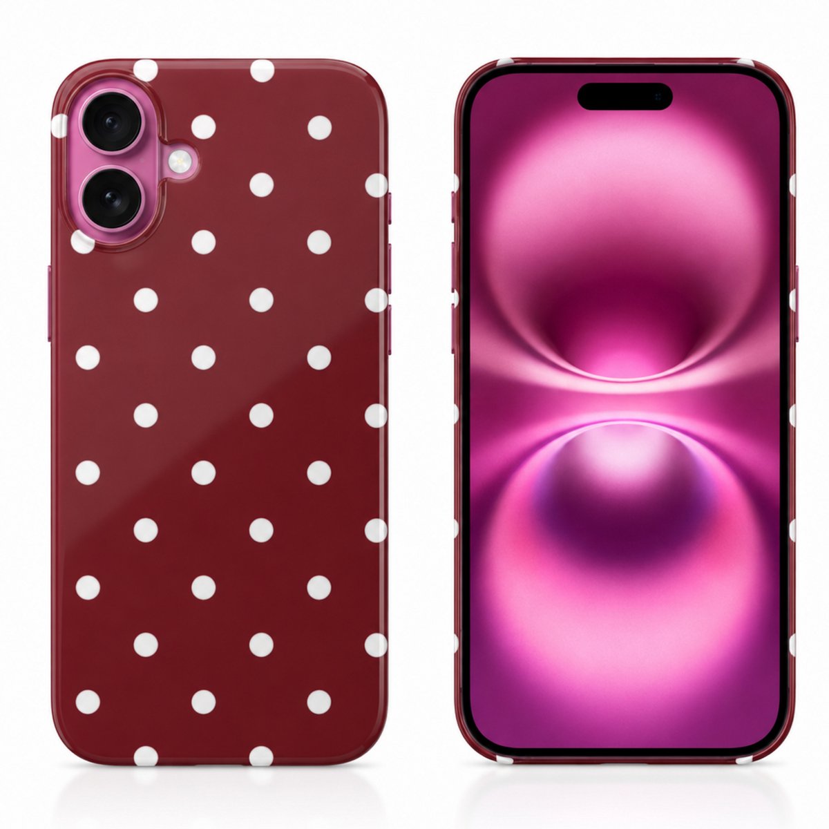Hoesje geschikt voor iPhone 16 – Polka Dots – Exclusief Design – Polycarbonaat – Bordeaux en Wit