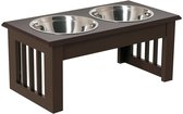 Verhoogde hondenvoerbak Voerbak standaard voor huisdieren 44×24×15 cm koffiekleur hout met 2 roestvrijstalen bakken van 900 ml waterbak hondenvoerstation geschikt voor kleine honden en katten