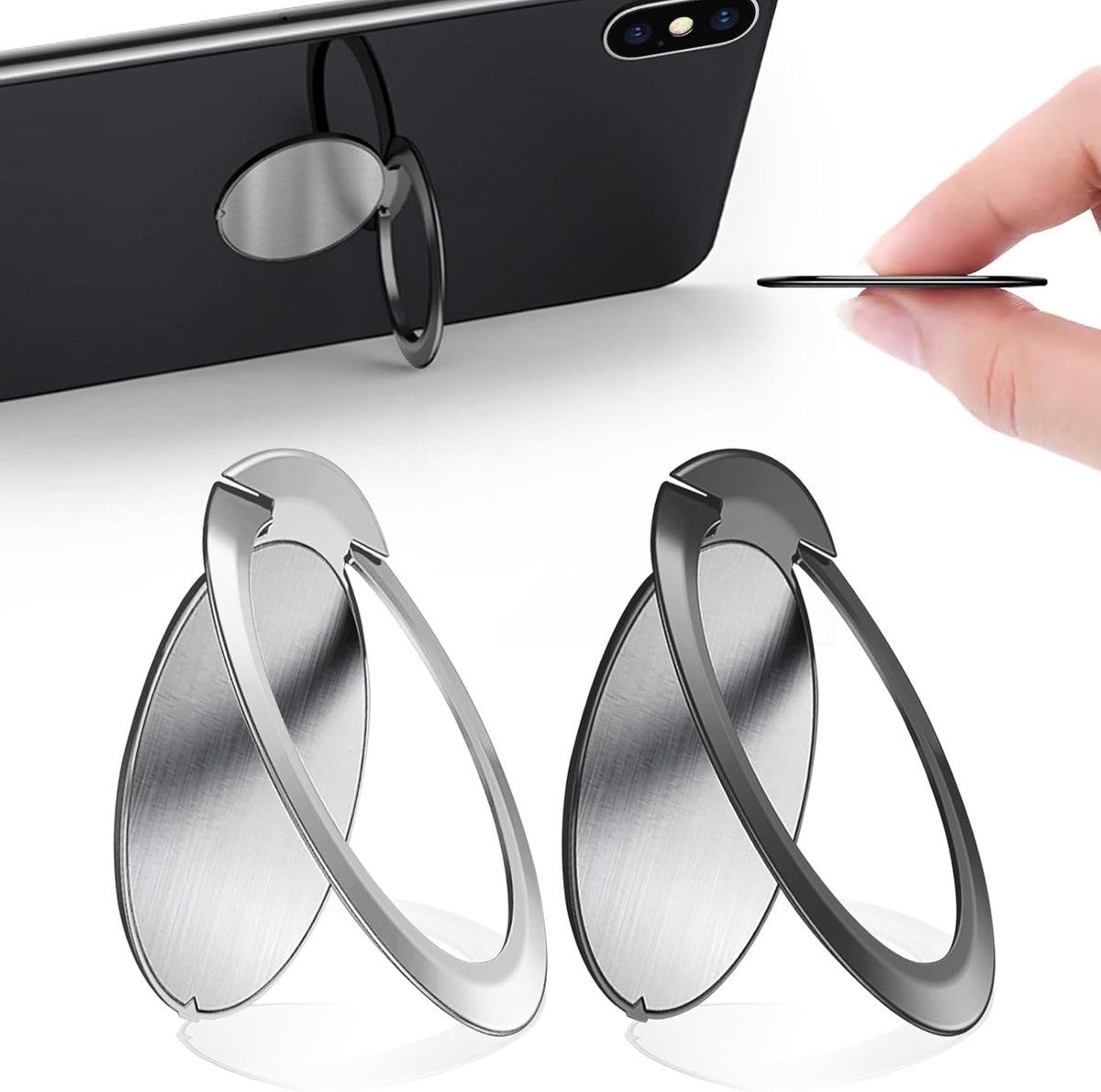 2 stuks Telefoon Ring Grip, Ringhouder Telefoon, Ultradunne Finger Ring Phone, 360 Graden Rotatie, 1,8 mm, voor Smartphone | 360 graden draaibare telefoonring, vingerhouder smartphone tablet, ringstandaard voor mobiele telefoon, magnetische houder