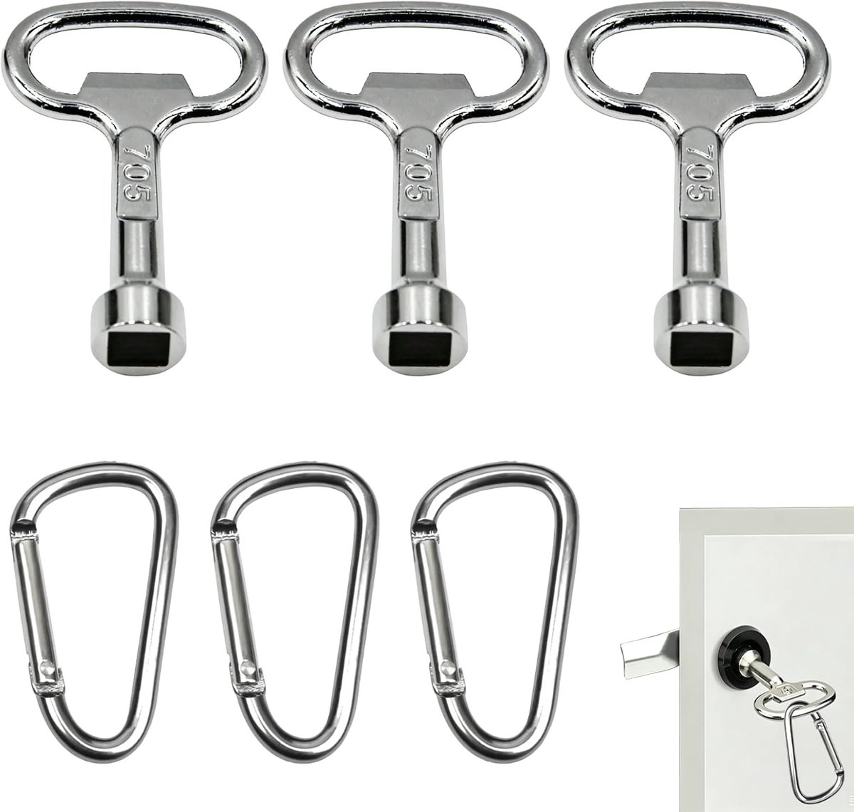 3 stuks vierkante radiatorsleutel 8 mm met 3 karabijnhaken, zinklegering ontluchtingssleutel voor radiator, waterkraan, kast, gasmeter, watermeter en schakelkast