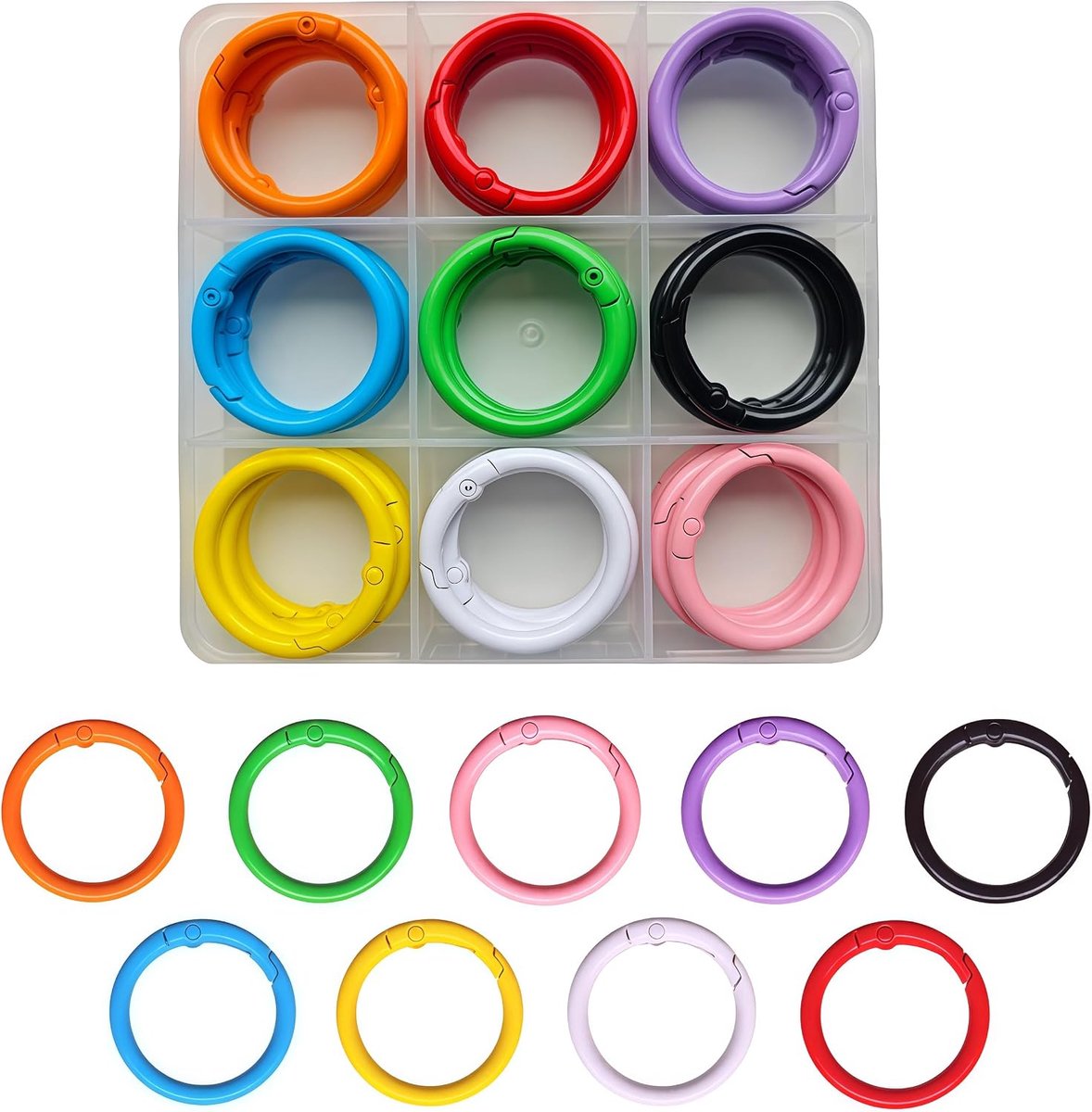 Karabijnhaken in 9 kleuren met opbergdoos, 30 mm metalen karabijnhaak, O-ring, sleutelring met veeropening voor sleutelhanger, rugzak, camping, doe-het-zelf handwerk