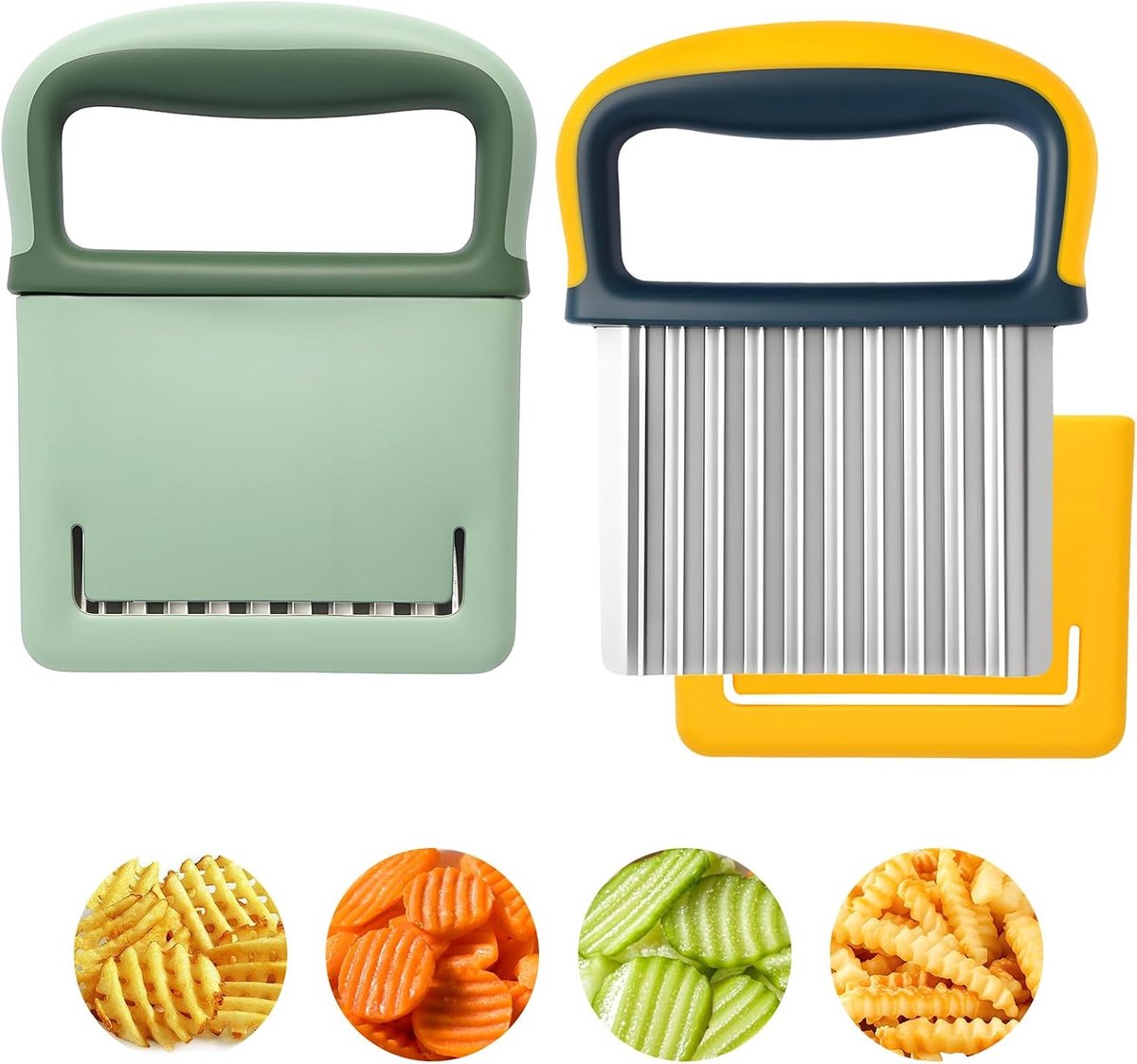 Ulisem - Golvend Groentemes Set 2 Stuks – RVS Crinkle Cutter – Frietsnijder voor Aardappelen – Golfsnijder voor Groenten & Fruit – Inclusief Mesbescherming – Keuken Snijhulp