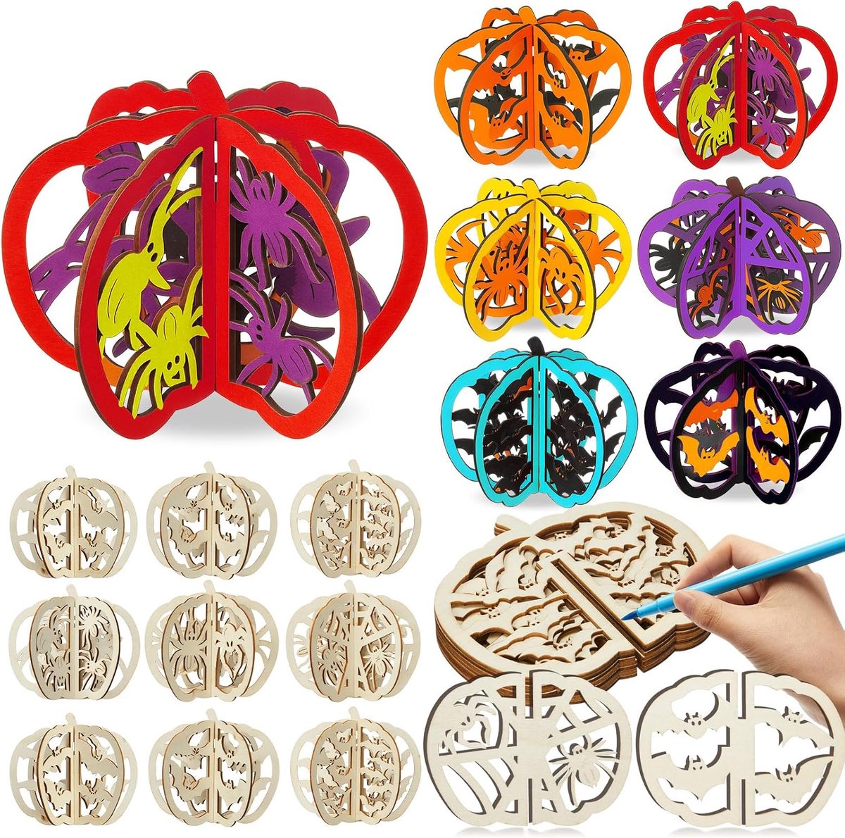 Ulisem - Halloween Knutselset 72 Stuks – 24 Pompoen Houten Knutselsets met Vleermuizen & Spinnen – 3D Houten Knutselpakket om te Schilderen – Halloween Decoratie voor Kinderen