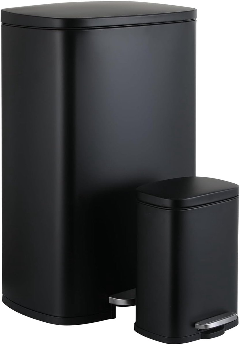 vuilnisbak 50l + 5L, set van 2 afvalbakken van staal met softclose deksel, afneembare binnenemmer, geurisolatie, groot en klein pedaalemmer set voor keuken, badkamer, kantoor, zwart