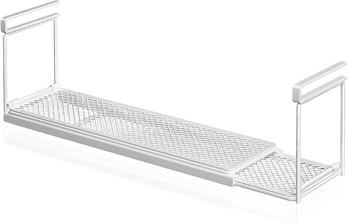 Onderrek, hangmand van metaal, opbergmand met verstelbaar 40-70 cm, organizer, hangend onderkastrek voor keuken, kantoor, keukenkasten, kledingkasten (wit)