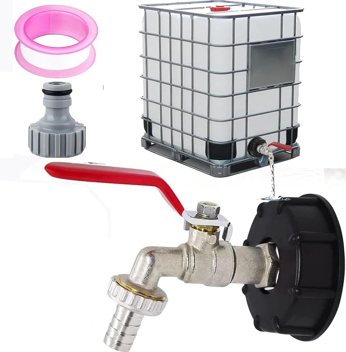 Container Aftapkraan 1/2 inch, IBC tankaccessoires, IBC 1000 l waterreservoir, accessoires, messing, S60 x 6 IBC-accessoireadapter, afvoerkraan regenton op 1/2 inch kogelkraan